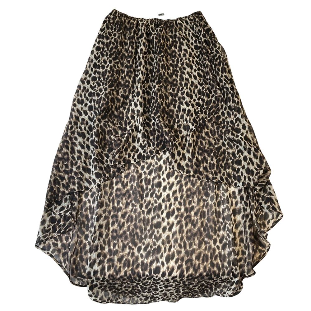 Forever 21 Women Skirt S Brown Leopard Print Chiffon 24" Waist High-low Midi